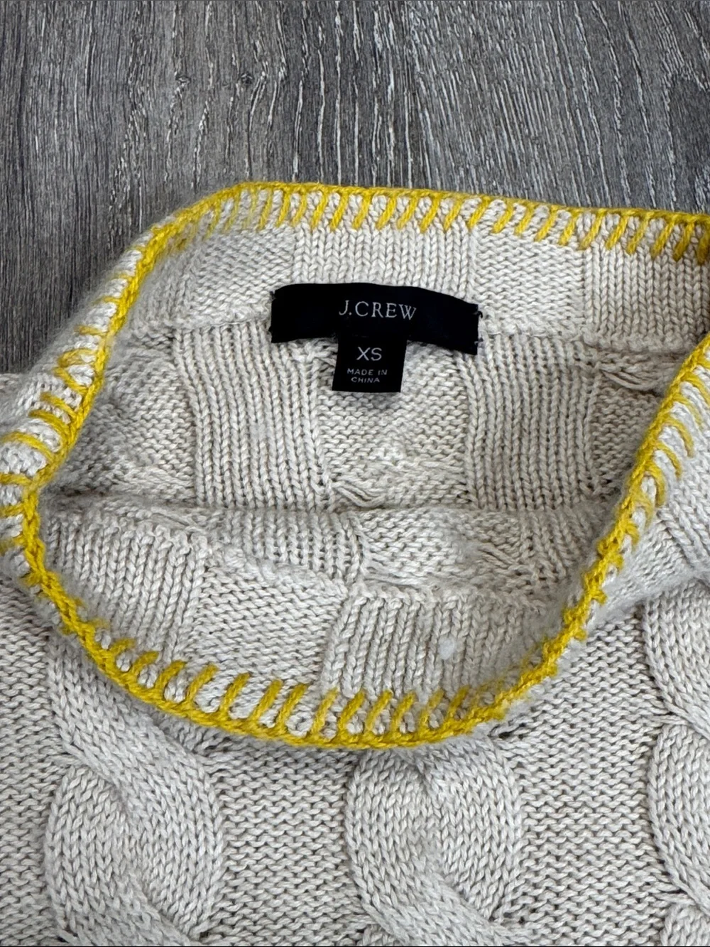 J. Crew Cream Cable Knit Crewneck Sweater with Yellow Trim CB0842